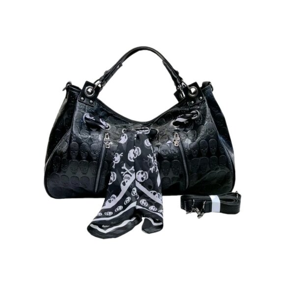 Skull Handbag Gothic Satchel Shoulder Crossbody Bag Black Purse Scarf Halloween - Picture 11 of 16